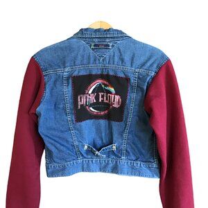 Upcycled Pink Floyd Denim Jacket, Vintage 1970s Cropped Light Jean Coat Size XS